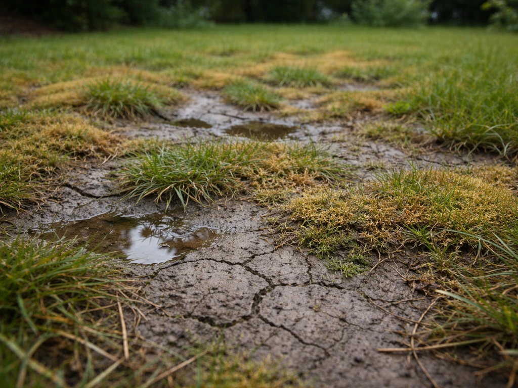 Gazon met harde, verdichte toplaag, stilstaand water en plaatselijke geelbruine plekken
