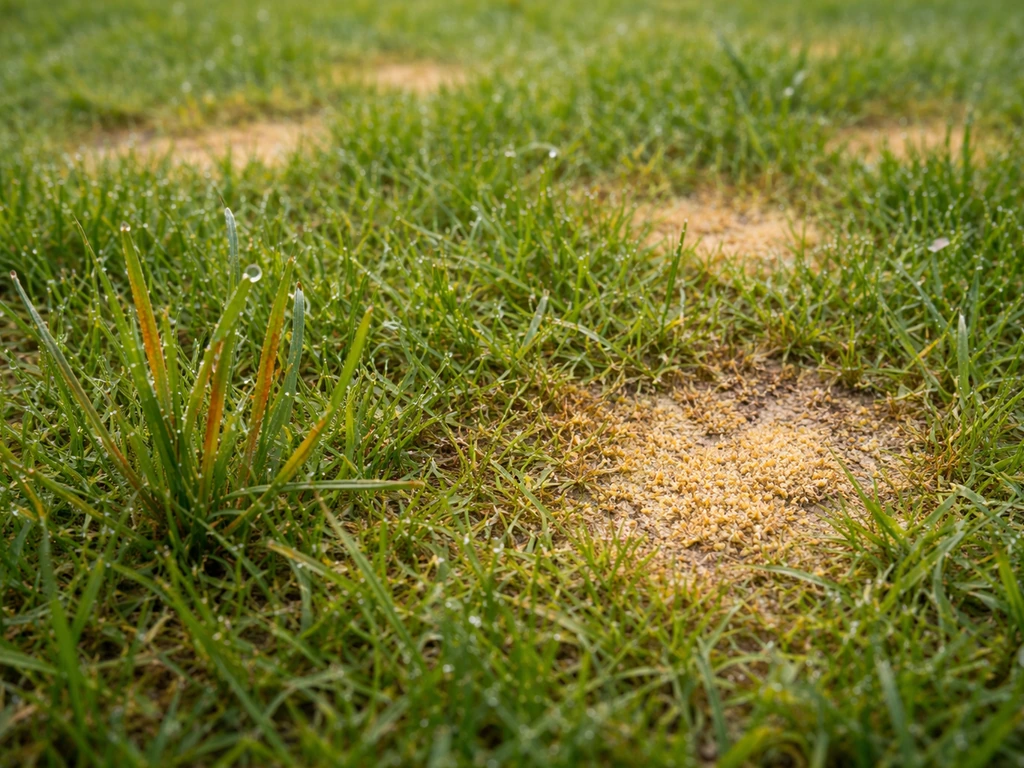 Close-up van gazon met ronde verkleurde plekken en oranje-roestig poeder op grasbladen door schimmelverschijnselen.