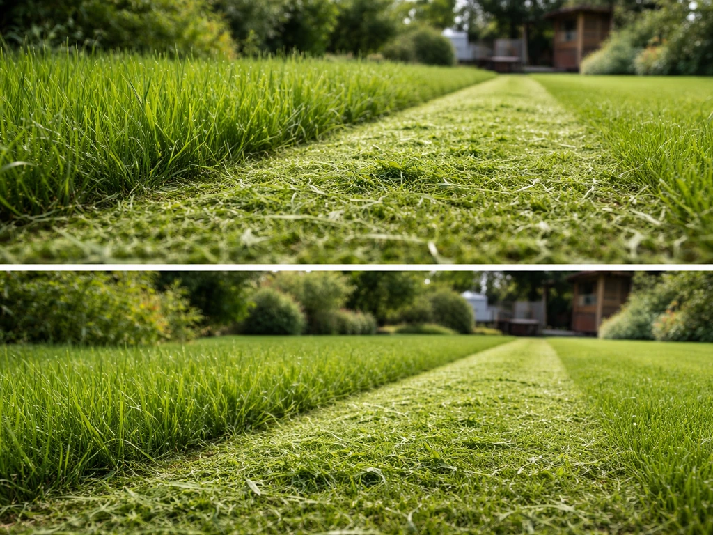 Close-up van vers gemaaid gras met focus op het maaimoment, zonder personen, in natuurlijk licht.