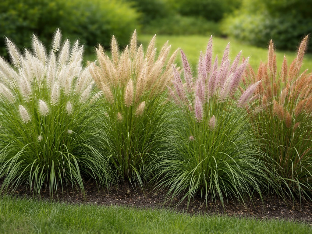 Close-up van meerdere pennisetum-cultivars naast elkaar, met verschillende pluimen en polvormen in een tuinbak.