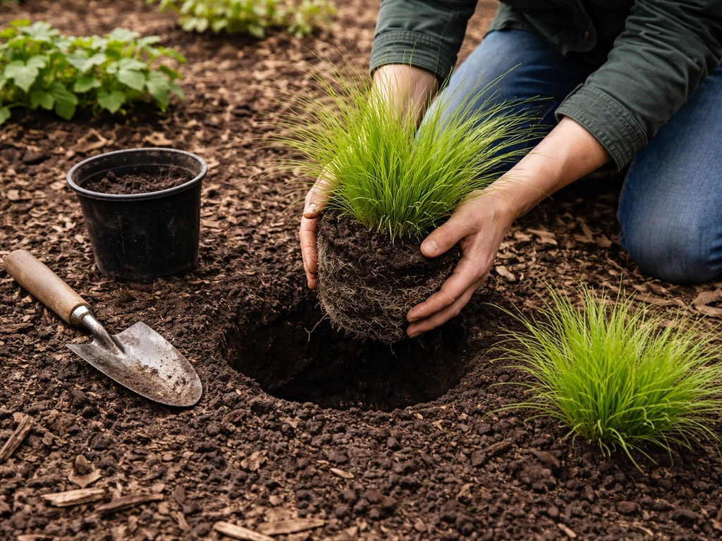 Tuinier die pennisetum uit een pot haalt en in een border plant, met laag plantgat en kleine schep.