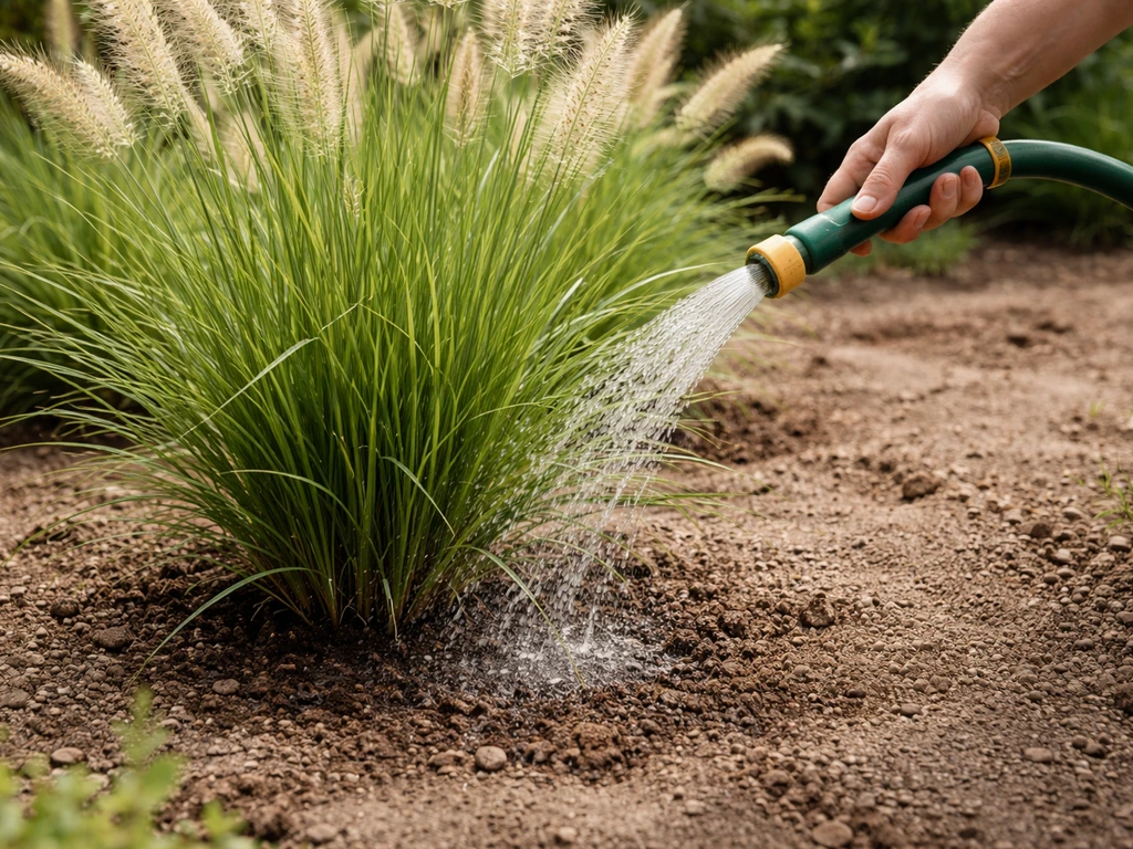 Tuinman geeft water met gieter aan pennisetum; grond droog tussen gietbeurten, minimale tuinsetting.