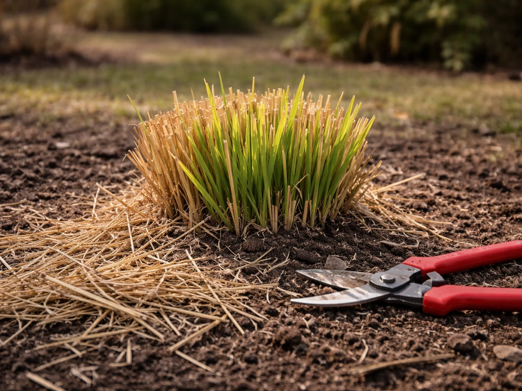 Teruggeknipt Pennisetum tot 15–20 cm met fris groen in het vroege voorjaar, schaar op aarde