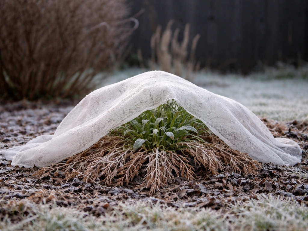 Winterpol met loof dat blijft staan, deels afgedekt met ademende bescherming; rijp op grond en bladeren.