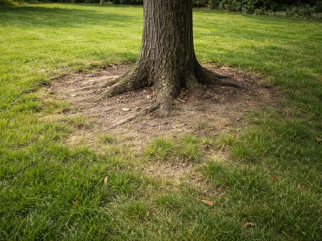 Close-up van boomvoet in een Nederlands gazon met dun gras rond de stam door schaduw en worteldruk.
