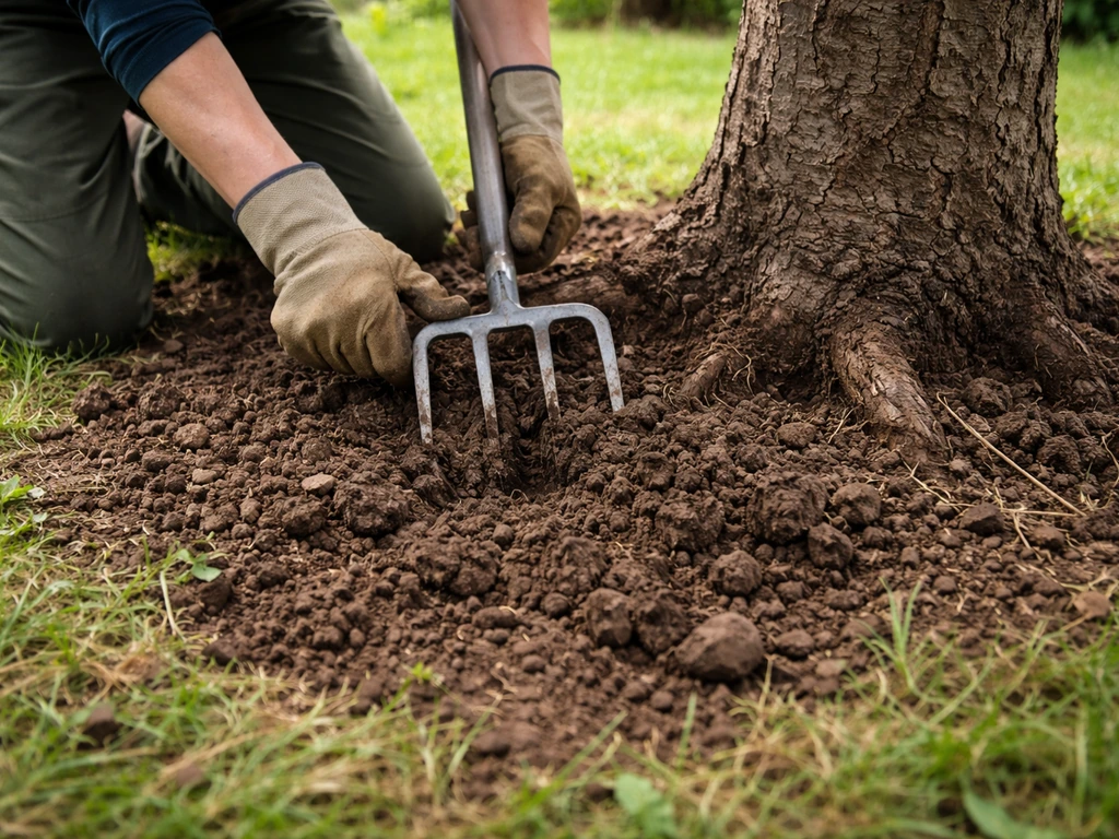 Tuinier die met beluchtingsvork de grond doorprikt rond een boom, met losse aarde en betere bodemstructuur.