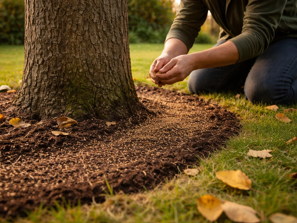 Tuinier knielt bij boomvoet waar in september/oktober opnieuw wordt ingezaaid in een smalle strook