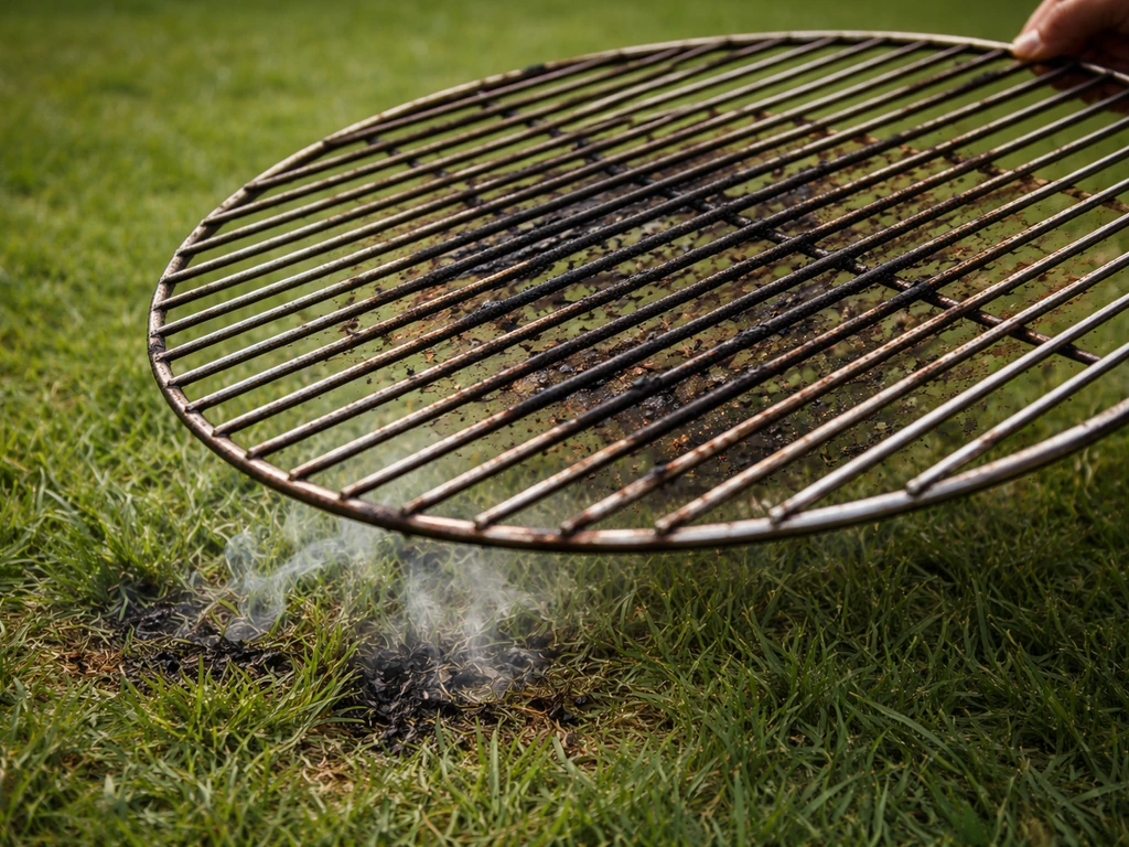 BBQ-rooster net uit het gras gehaald met zichtbare brandschadeplekken en zwarte asresten
