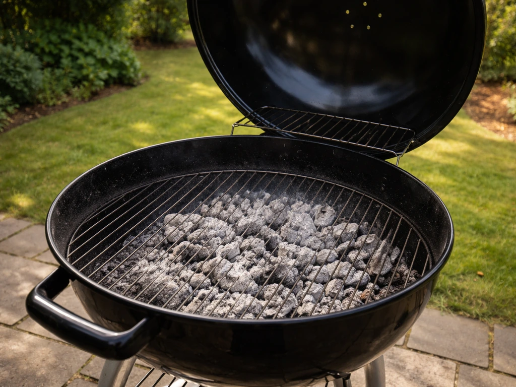 BBQ met rooster en vuurschaal op afstand van het gras, zichtbare uitgebluste as en uitgedoofde kolen.