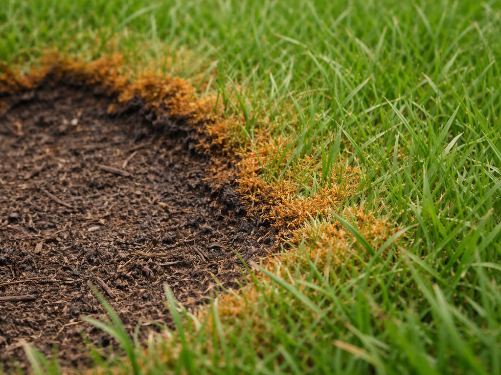Close-up van gras met roestsporen rond de schroeirand, met een klein stukje waar de roest net zichtbaar is.