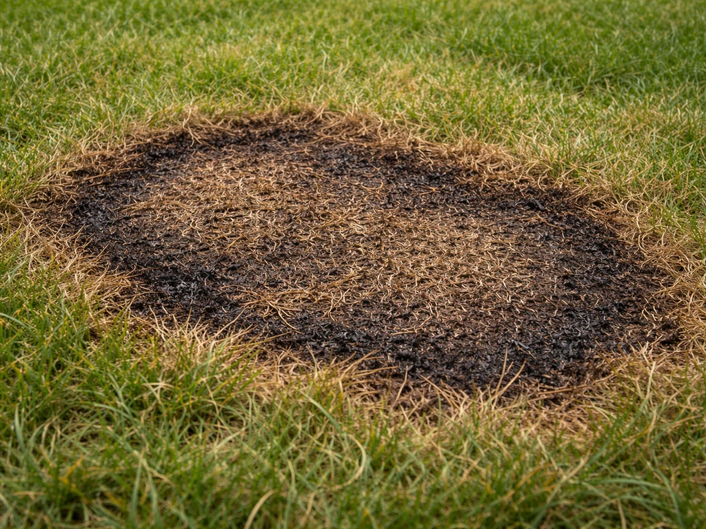 Kale plek in het gazon met lichte schroeirand, klaar om te beoordelen na verbrand gras