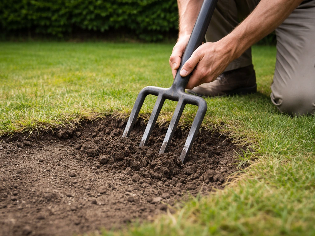 Tuinier prikt met een riek de verdichte grond open in een beschadigde grasplek, net 8–10 cm diepte.