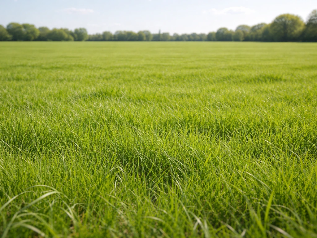 Gezonde, gelijkmatig groene Nederlandse weide met dicht weigras, rustig agrarisch landschap op de achtergrond.