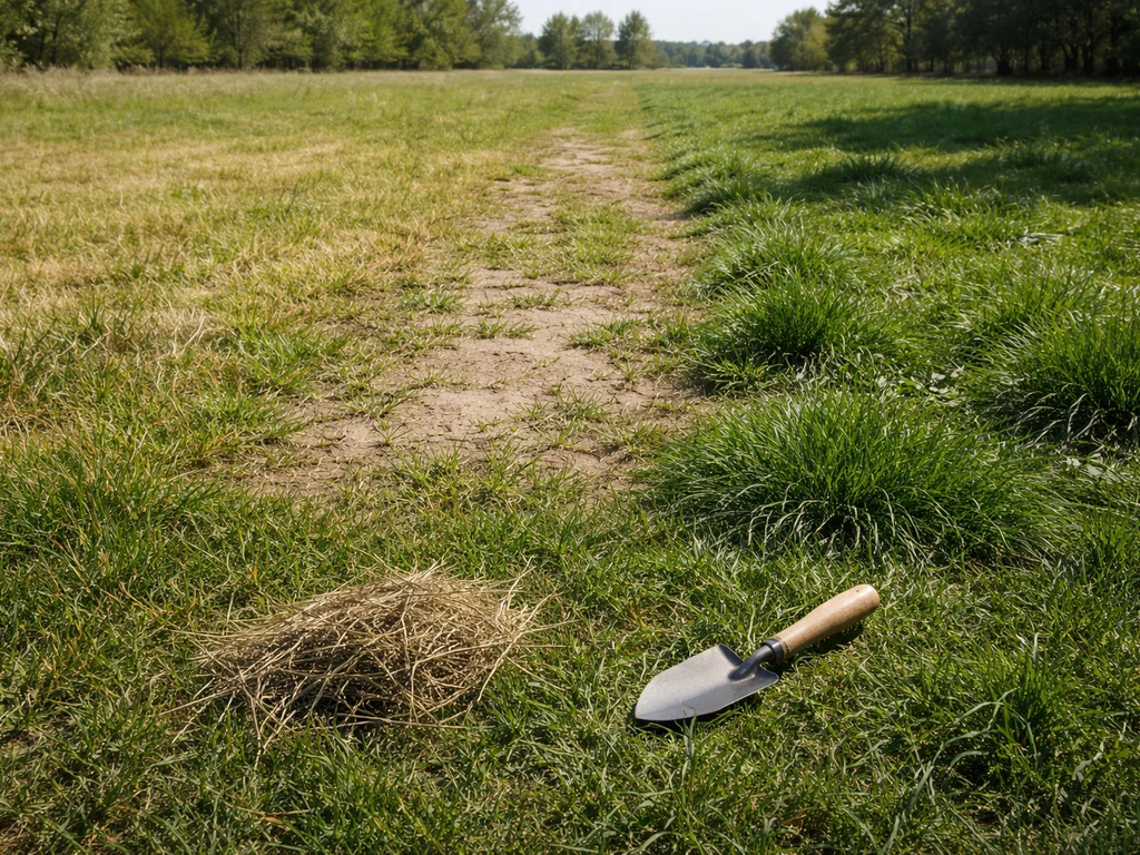 Grasland met drie zones: zonnig en droger, schaduwrijker en vochtiger, plus zichtbare zandige bodemstrook.