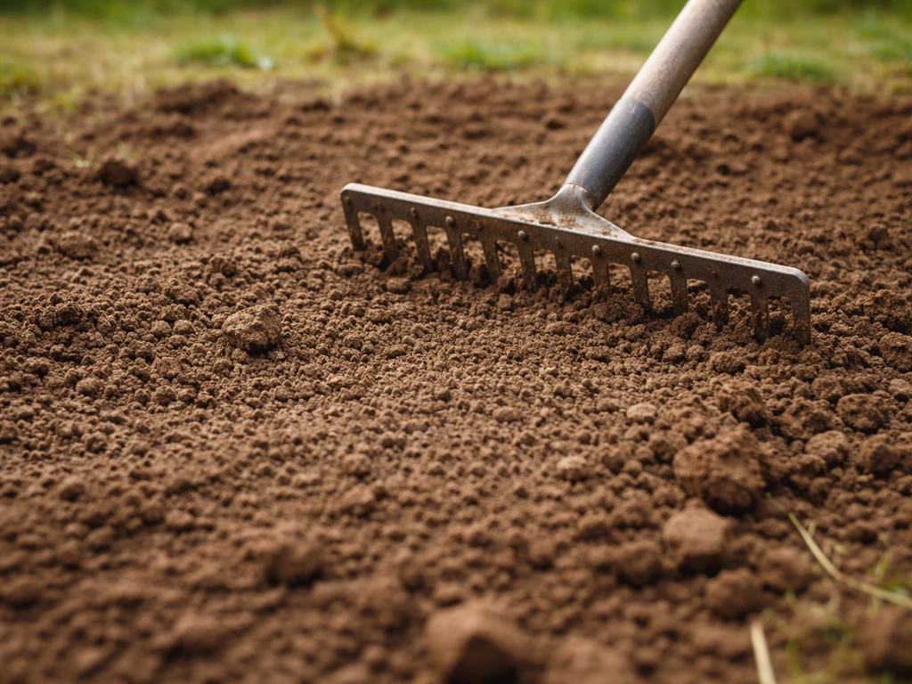 Close-up van gebroken kluiten en geëgaliseerde grond, klaar om in te zaaien.