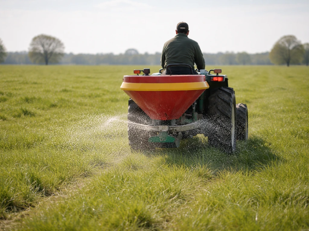 Landbouwer rijdt met een kunstmeststrooier stikstof uit op een weide met vers weigras in Nederland.
