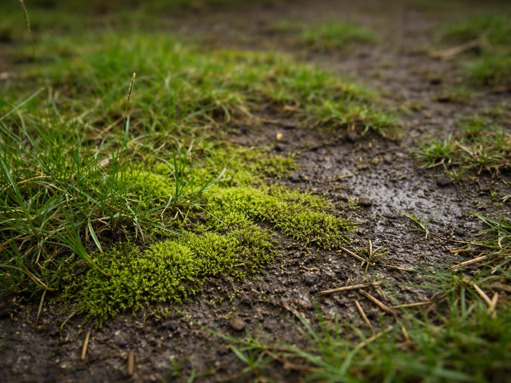 Close-up van mos in weigras op natte, verdichte plekken met dun gras en kale plekken.