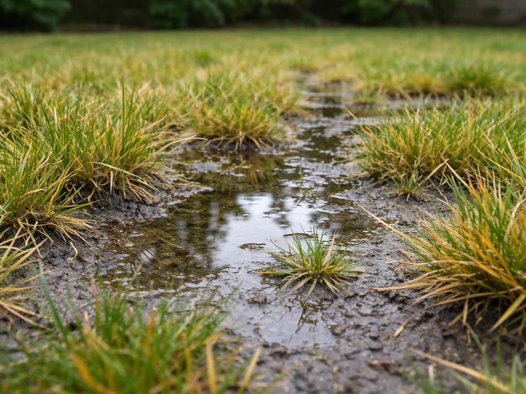 Close-up van een gazon met stilstaand water en geel wordend gras door verdichte bodem.
