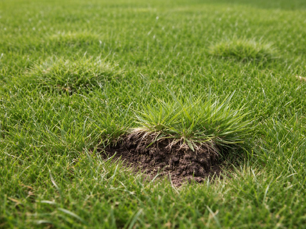 Close-up van kleine, verspreide plekjes met Poa supina in een dicht, gezond gazon, klaar om uit te steken