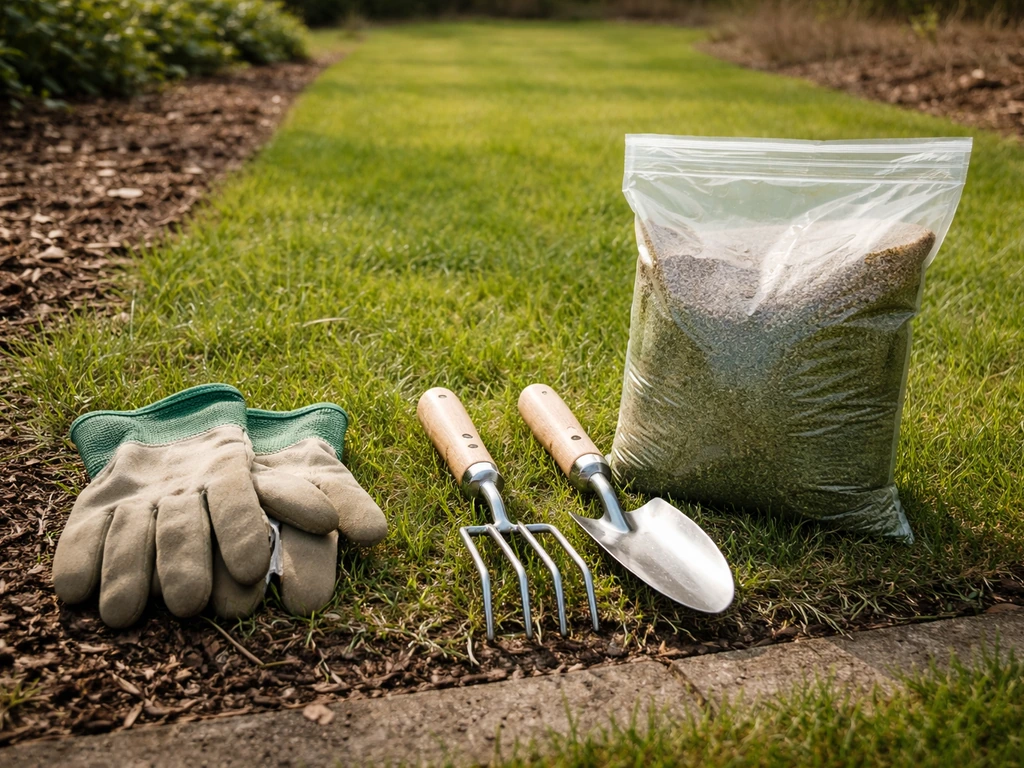 Tuinierhandschoenen en tuingereedschap naast zak met gazonbemesting op een Nederlands gazonpad, zonder chemisch middel.