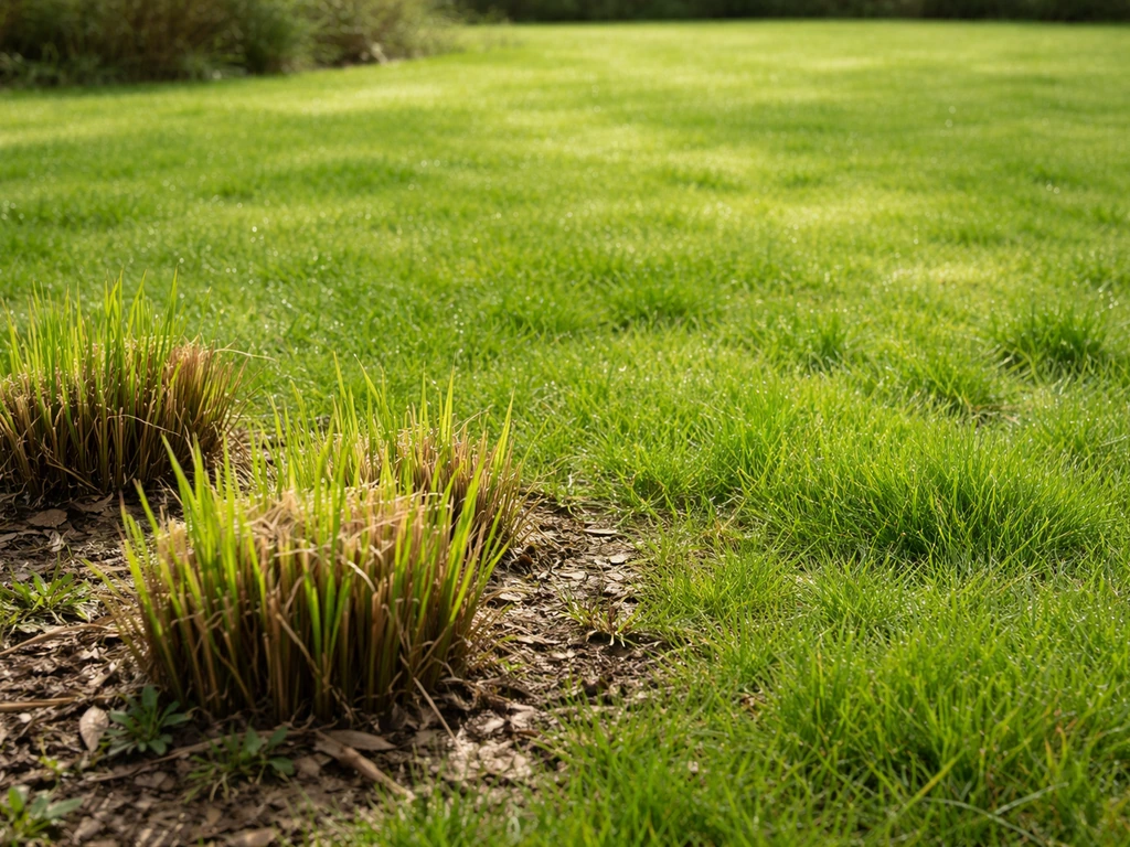 Fris groen gazon in het vroege voorjaar met zichtbare opkomende groei en teruggeknipte siergrassen