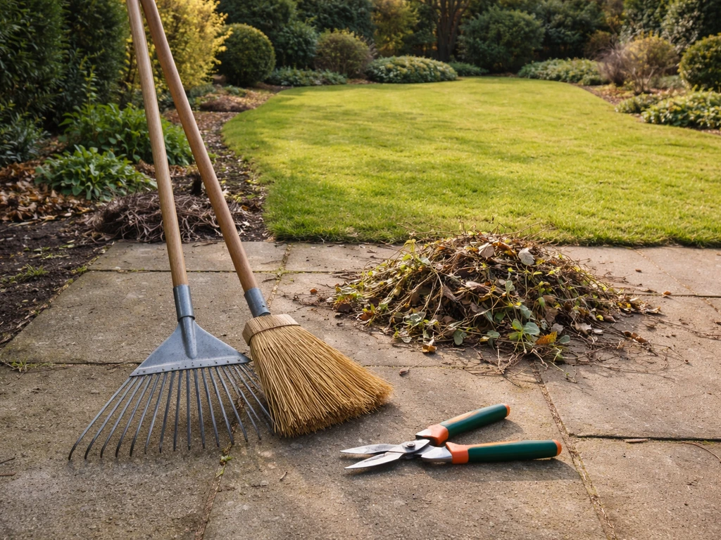 Tuingereedschap (hark, bezem, snoeischaar) naast verwijderd bladafval op een voorjaars tuinpad.