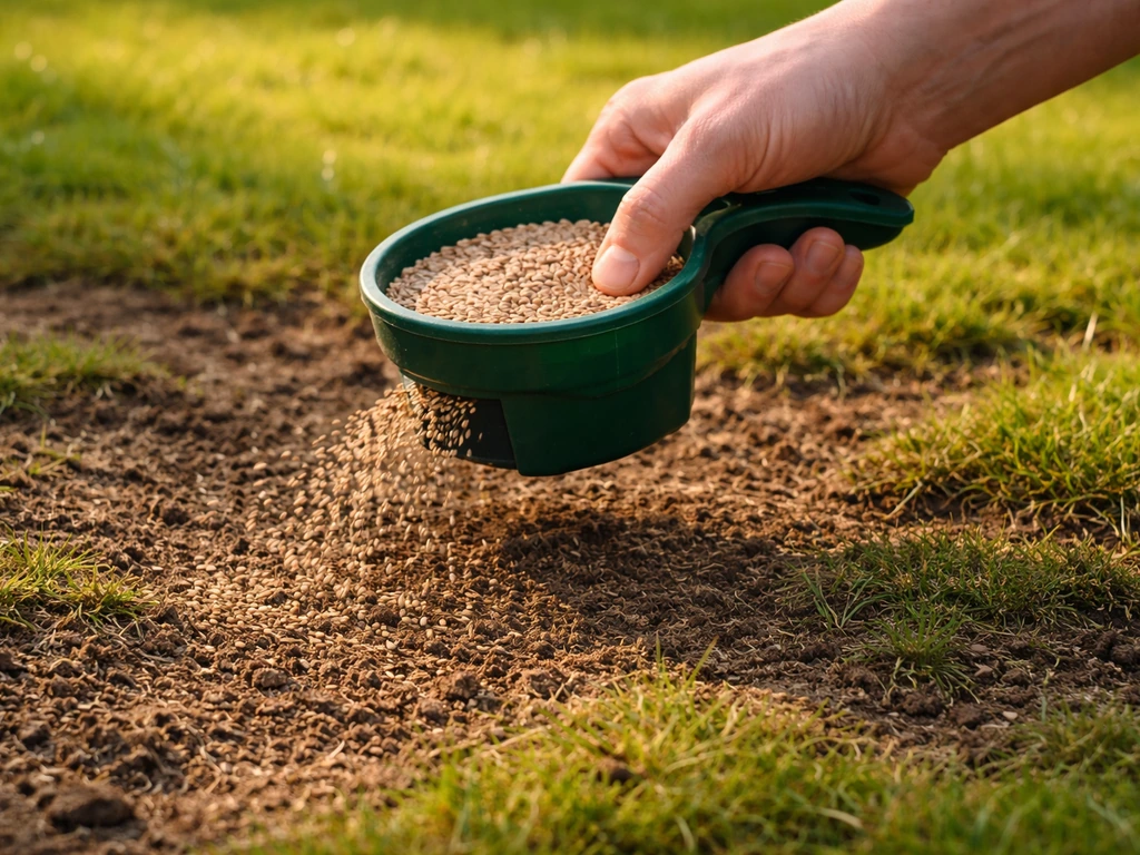 Hand met graszaad strooit over opengewerkte kale plekken in een gazon met zichtbare mosplekken.