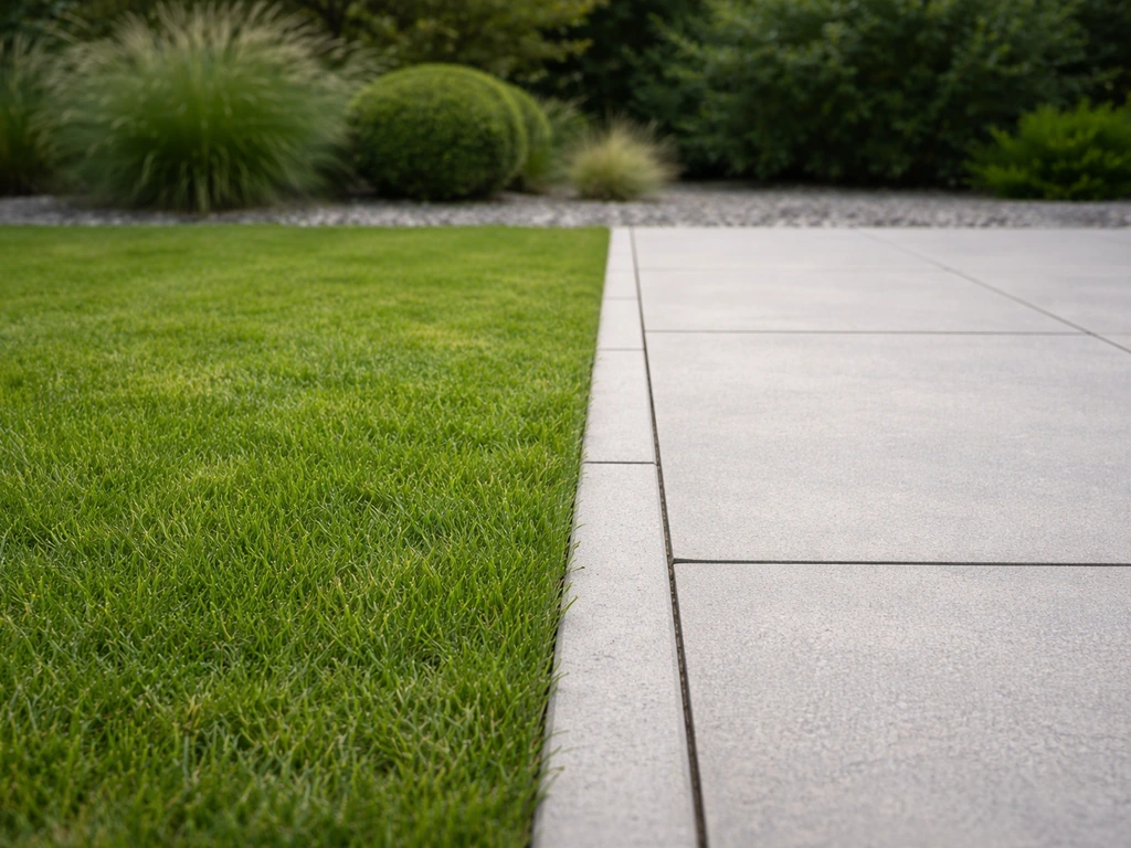 Strakke overgang tussen gazon en een verhard pad/terras, die ‘rand langs gras’ duidelijk toont.