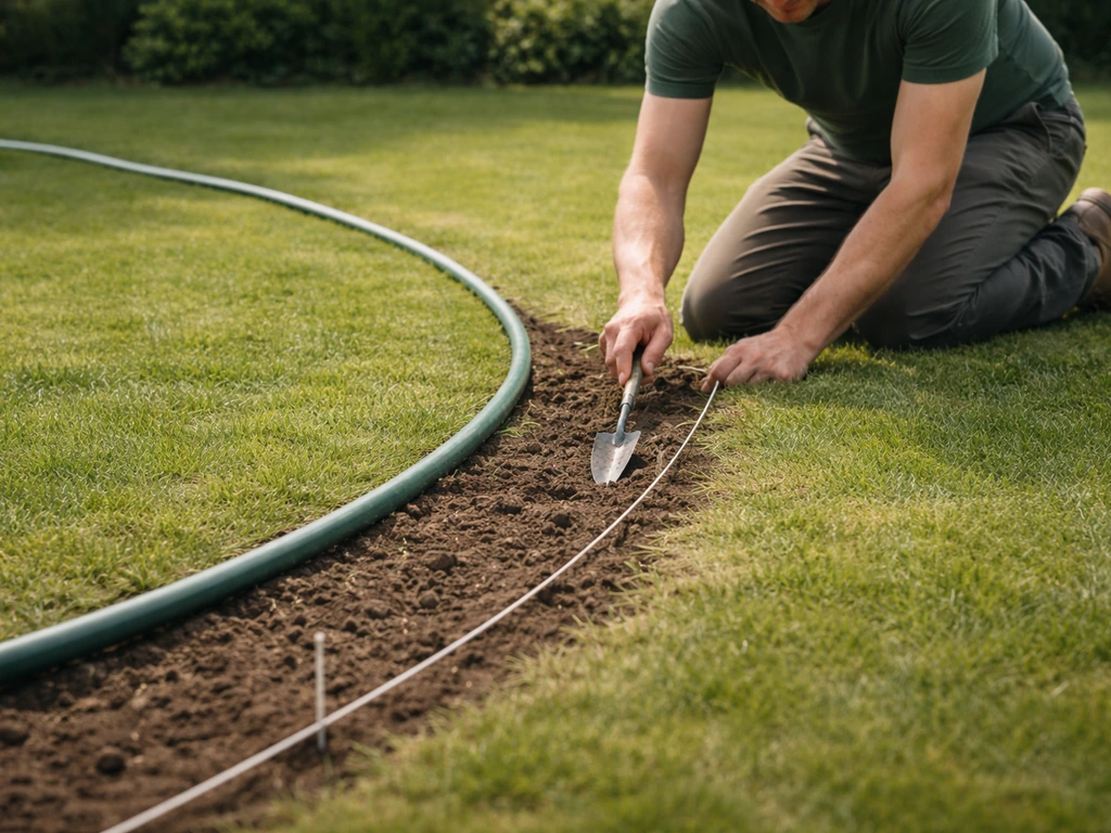 Tuinman meet met een tuinslang en touw langs de grasrand voor een toekomstige borderrandbocht.