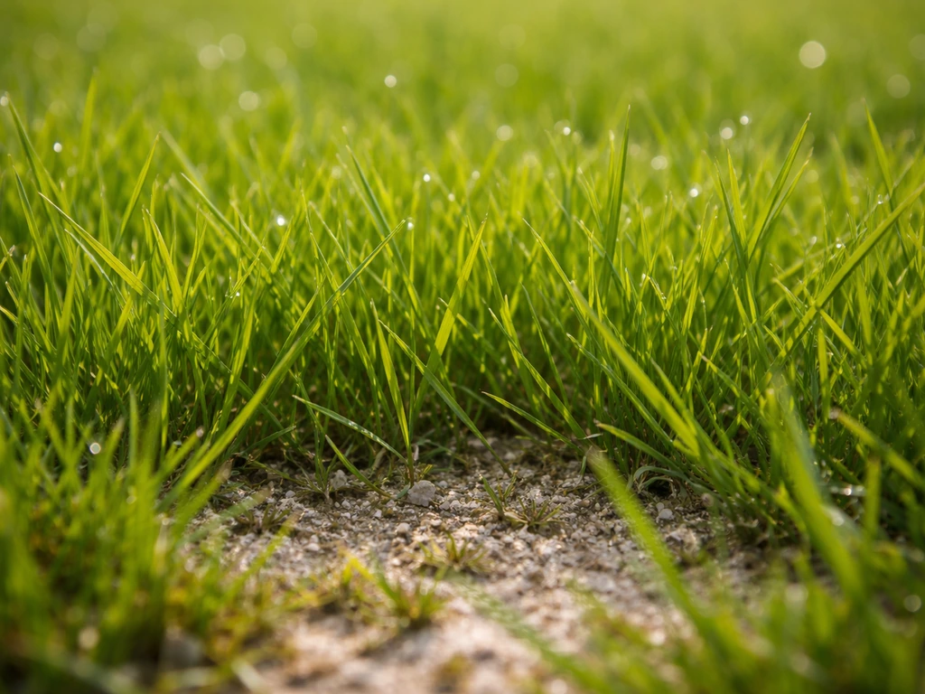 Close-up van gezond, dicht Nederlands gras met subtiele kalk-/bodemhint op de achtergrond