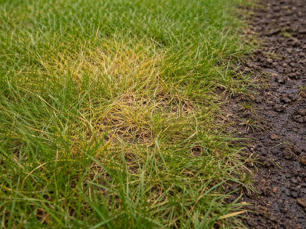 Gele, afwijkende graspol naast vochtigere grond, met hint van te zure bodem en kalkvraag.