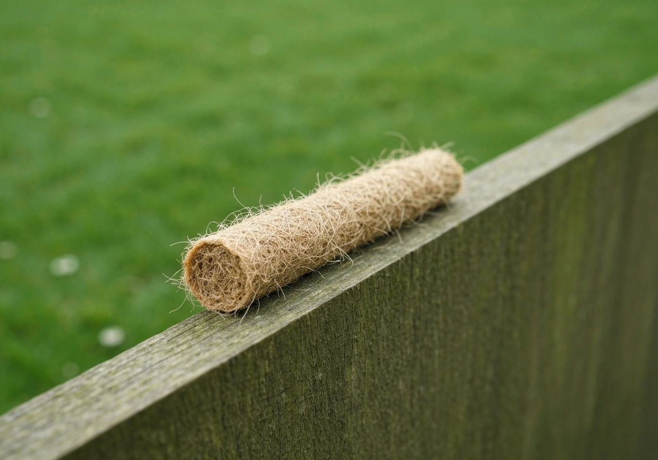Close-up van gazon met een zichtbare lichtbruine cellulose-/vezellaag op de bodem naast gezond gras.