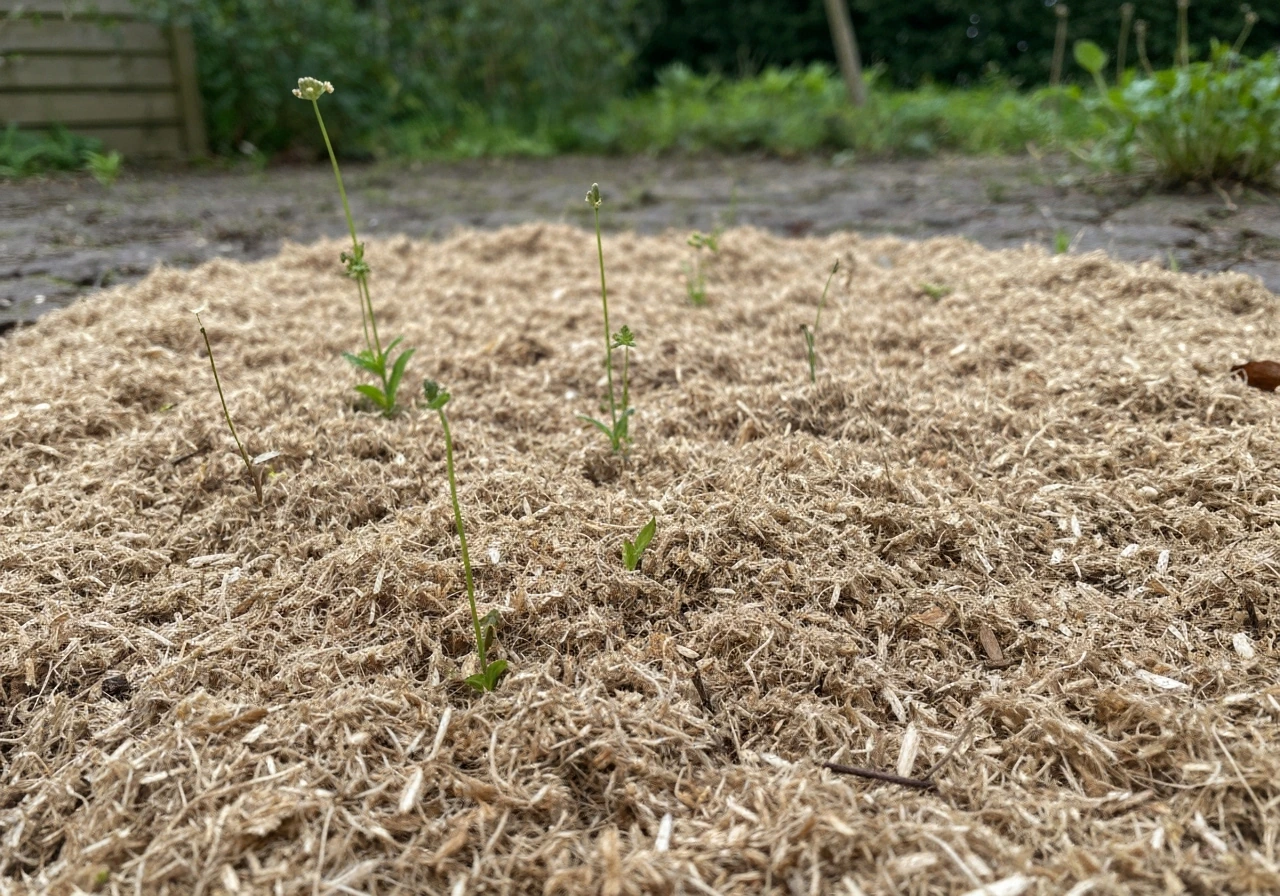 Mulchlaag van cellulosevezel op ingezaaid gazon met jonge grasplantjes in een Nederlandse tuin