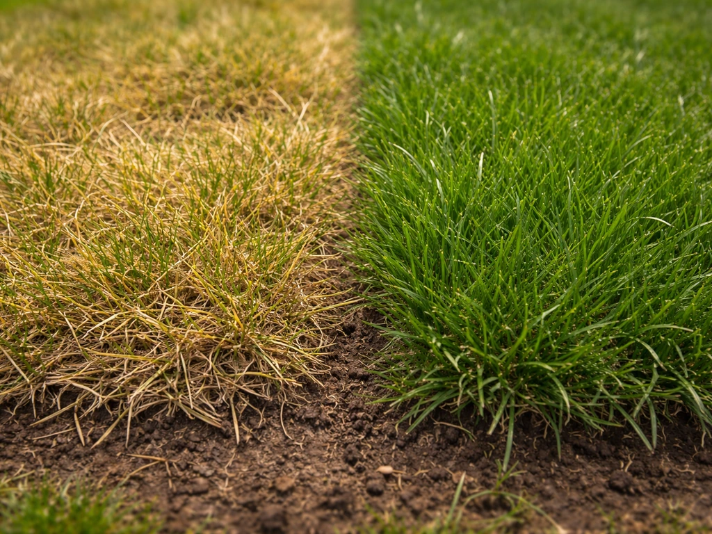 Vergelijkend beeld: geelachtig gras links en diepgroen gras rechts in dezelfde bodemomstandigheden.