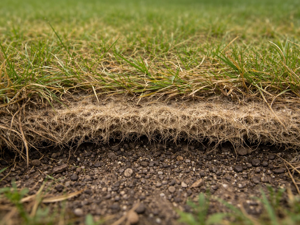 Close-up van gras dat slap oogt met een zichtbare samengekoekte viltige celluloselaag op de bodem
