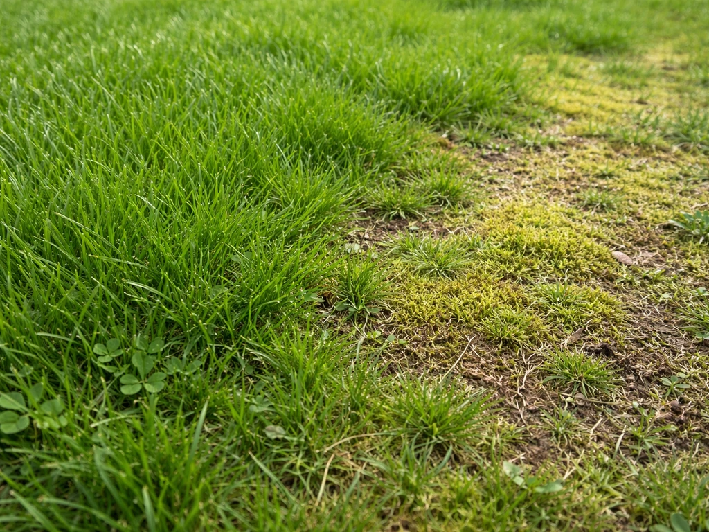 Close-up van dicht prent gras met een kleine plek waar beginnend mos en verdunning zichtbaar zijn.