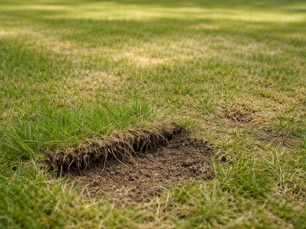 Voorjaars gazon met gele en bruine plekken, met opengekrabde grasmat die de ondergrond toont