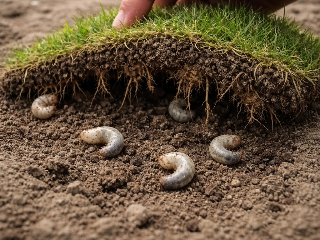 Close-up van een uitgegraven graszode met larven en weggegeten wortelzone door engerlingen.
