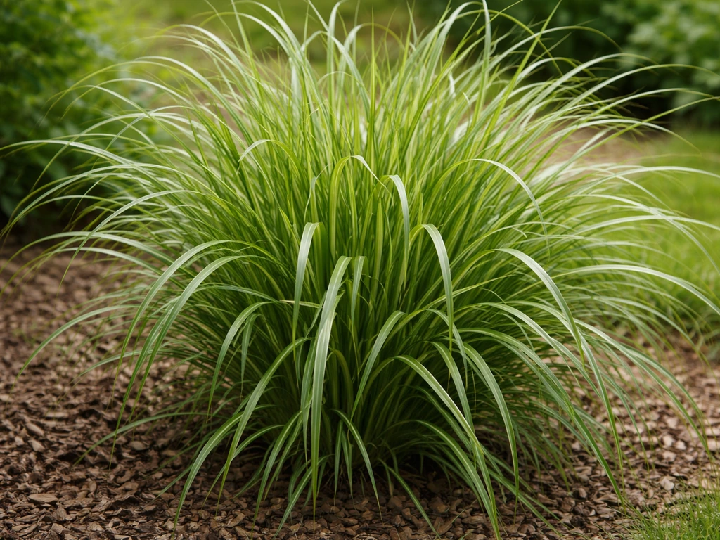 Close-up van Miscanthus sinensis met smalle lange bladeren, zichtbare middennerf en polstructuur.