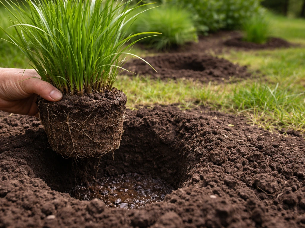 Miscanthus-pol in een plantgat, lentegrond zichtbaar; lege plekjes op afstand in een rustige tuinsetting.