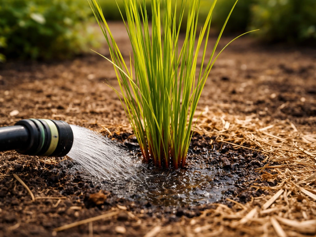 Jonge miscanthus in de zomer met water aan de voet en een zichtbare mulchtlaag in het tuinbed.