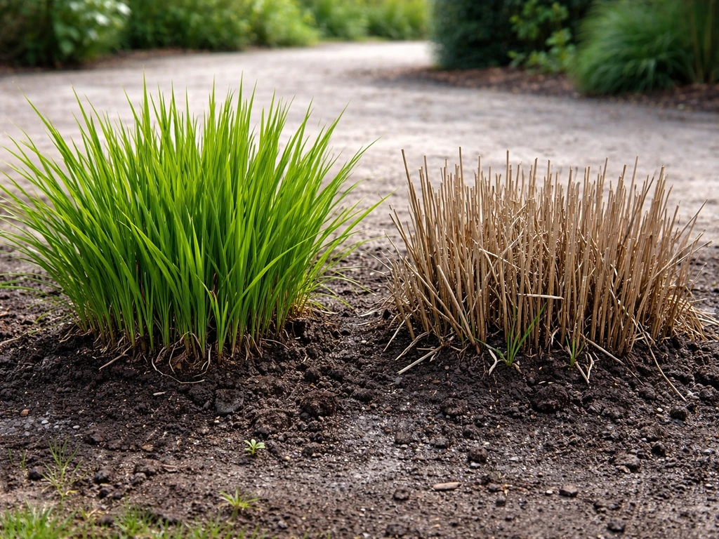 Voorjaarspol van Miscanthus: links frisse groene scheuten, rechts achterblijvende/bruine uitloop.