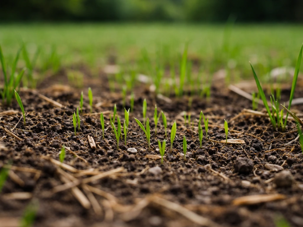 Close-up van kiemend gras op een Nederlands gazon, met lichtgroene sprietjes die uit de grond komen.