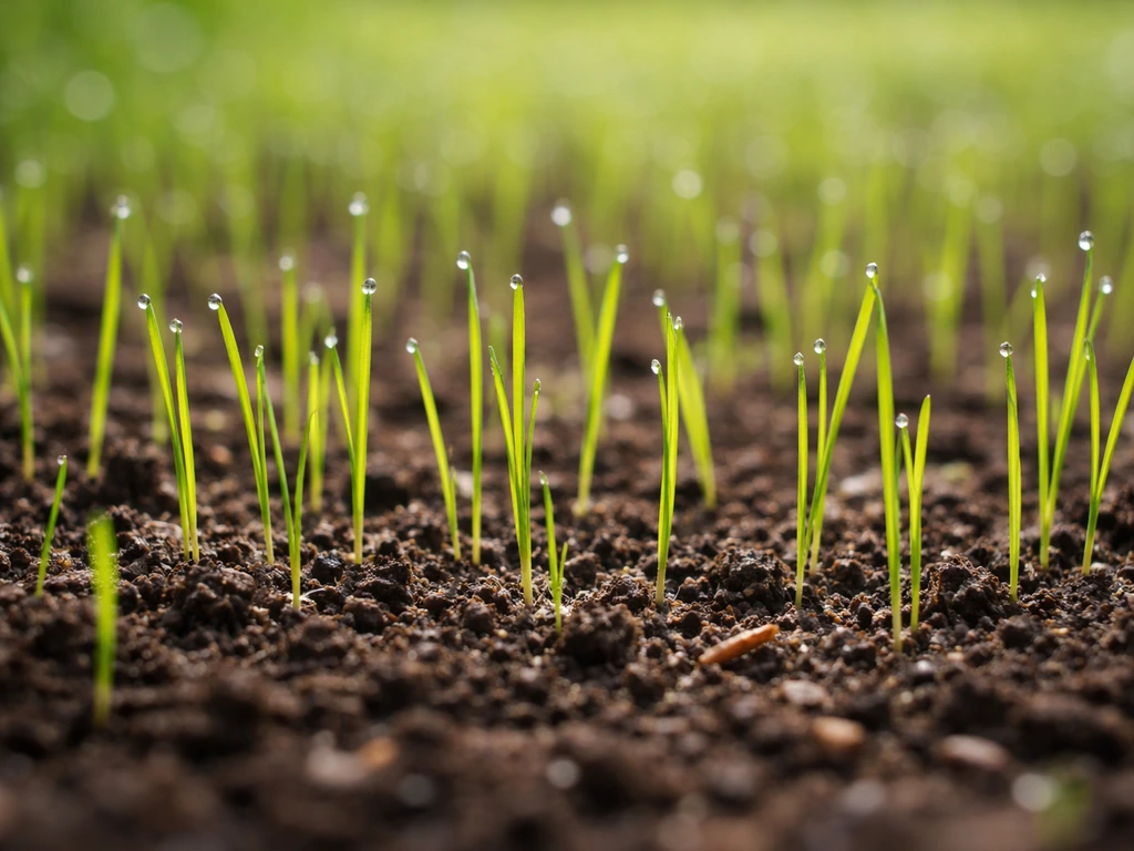 Close-up van kiemend gras: dunne lichtgroene sprietjes van 1–3 cm komen uit de grond in een gazon