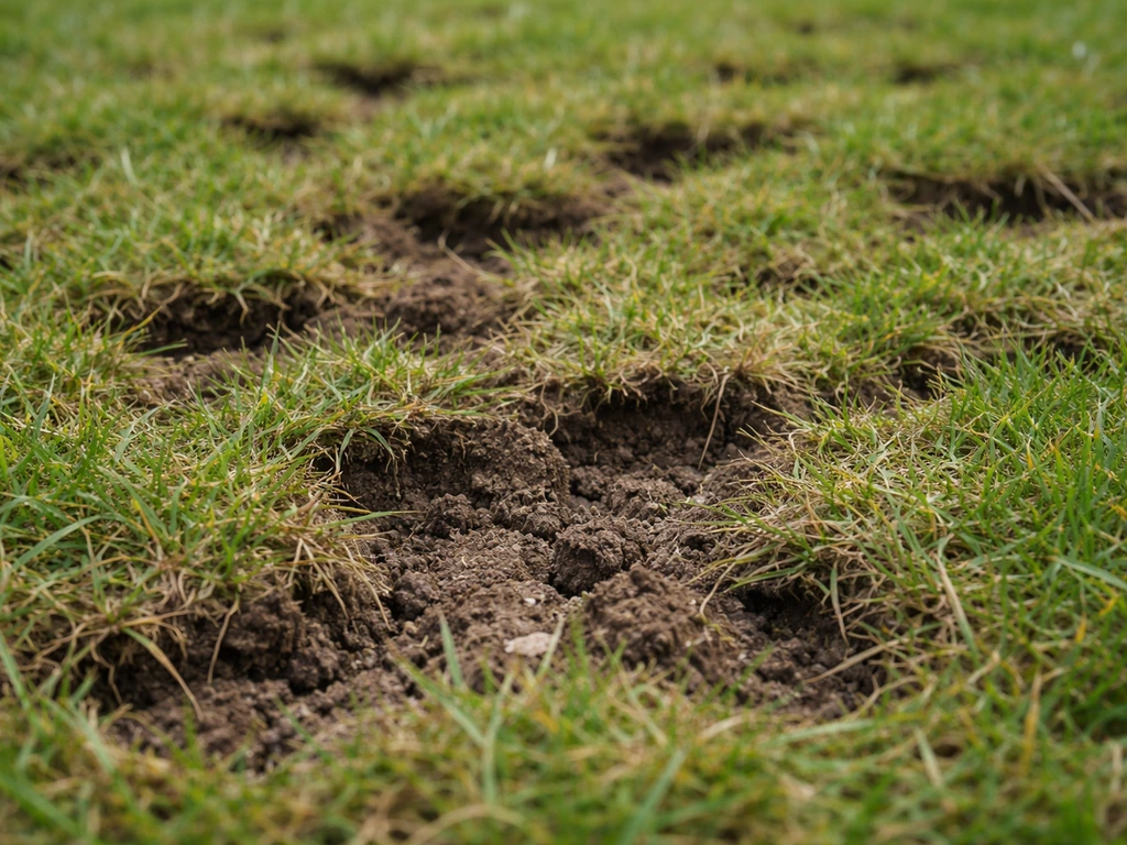 Gazon met duidelijk zichtbare open plekken door verticuteren, met kale aarde tussen de sprieten.