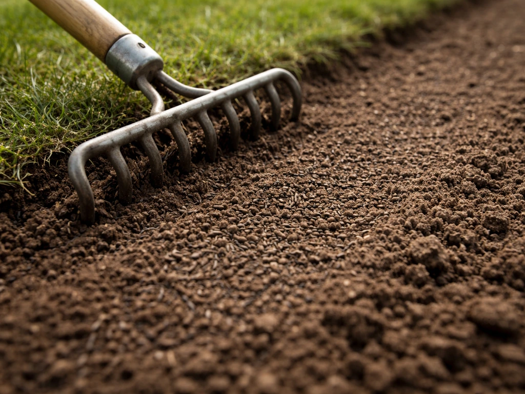 Iemand die met een hark licht graszaad inwerkt in losgeharkte grond, met zonlicht op de bodem