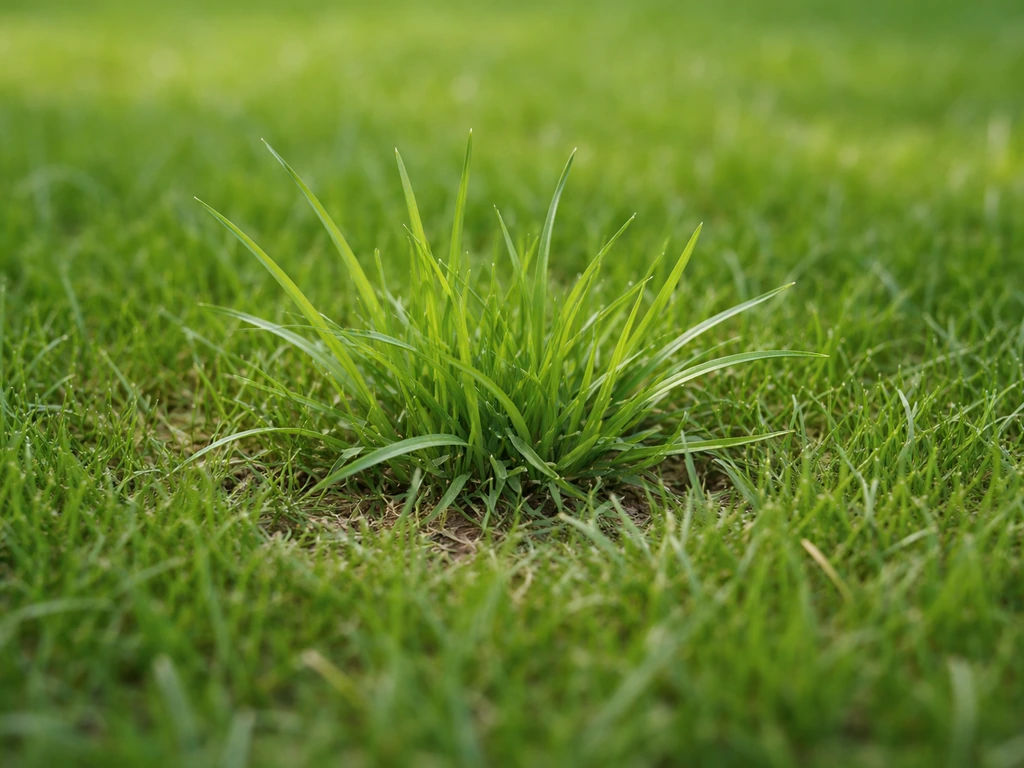 Close-up van ongewenst kiemend gras tussen een gezond, dicht gazon met duidelijk bladcontrast.