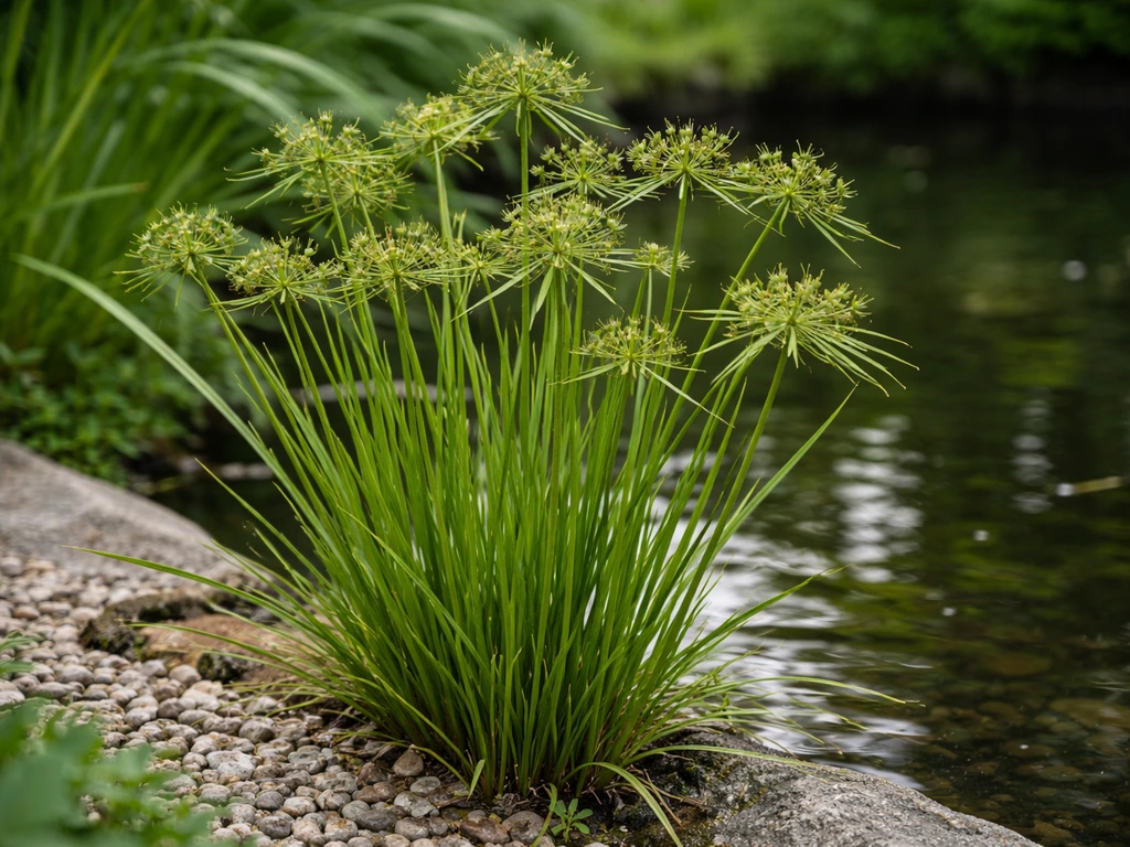 Close-up van Cyperus prolifer ‘Cedric’ met slanke groene stengels en schermvormige toppen bij een vijverrand.