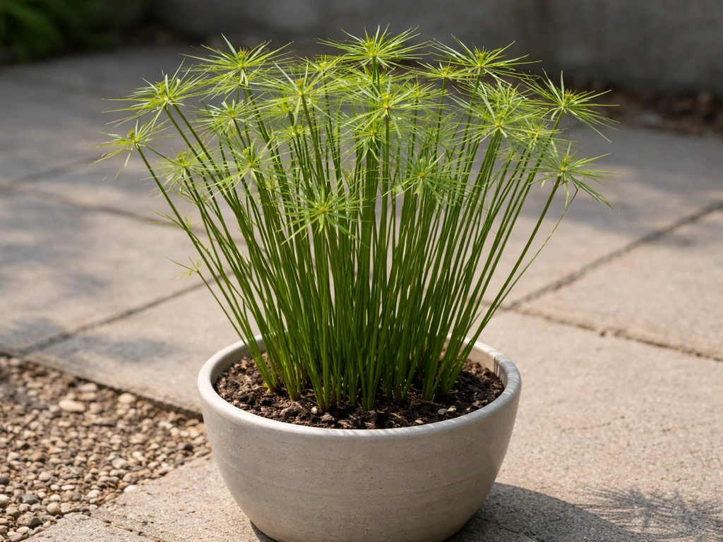 Compact polvormig bosje Cyperus prolifer ‘Cedric’ met dunne groene stengels en schermachtige bladrozetten in een pot.