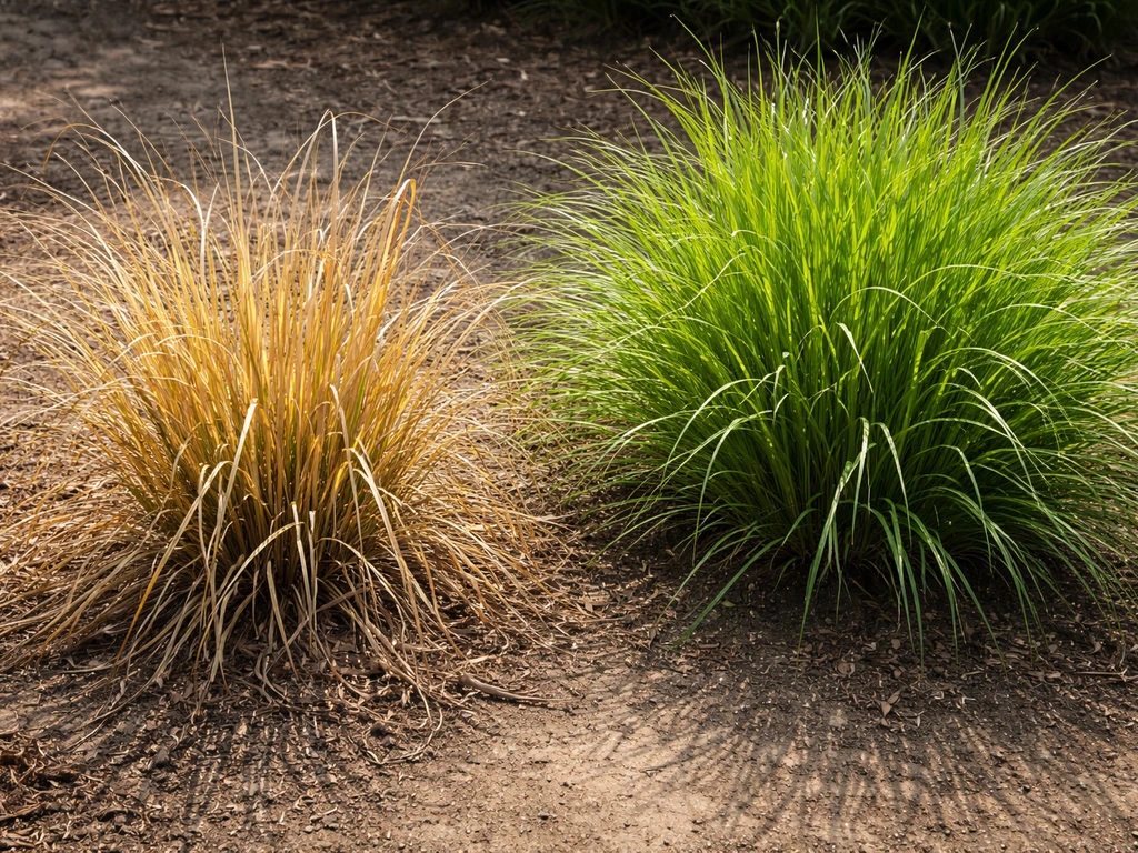 Verkleurde stengels in een gras-/plantpol naast een gezonde groene pol, bij een droge tuinomgeving